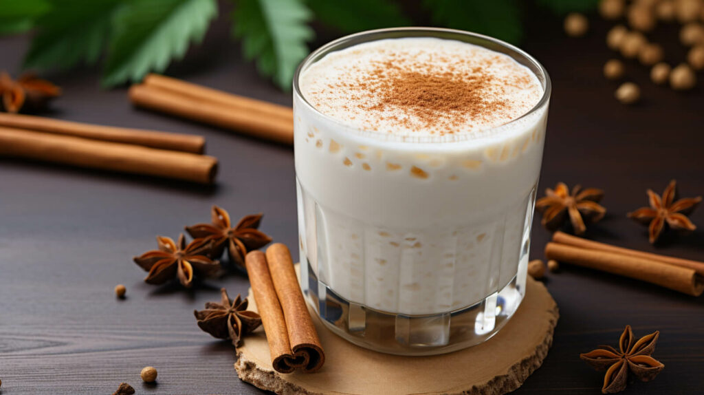 Horchata on table with cinnamon sticks